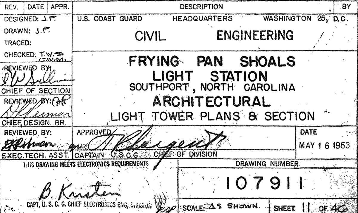 Title block of U.S. Coast Guard civil engineering drawing 107911, dated May 16, 1963, reading “Frying Pan Shoals Light Station, Southport, North Carolina — Architectural, Light Tower Plans & Section.”