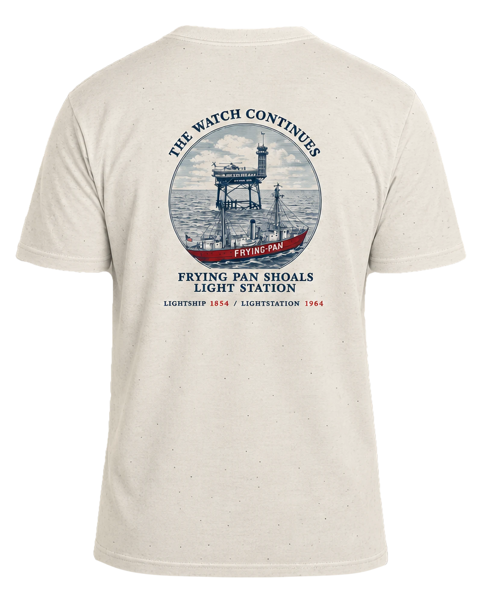 The Watch Continues Tee — A cotton tee for the whole story: the lightship that held the shoals from 1854, and the station that took the watch in 1964. — back